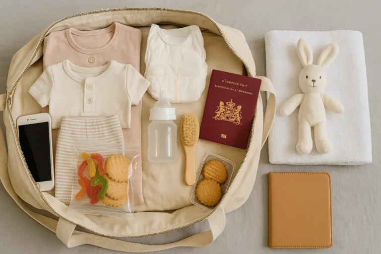 Vluchttas voor je bevalling: wat moet je meenemen? 17 Een gevulde vluchttas met benodigdheden voor moeder en baby, klaar voor vertrek naar het ziekenhuis.