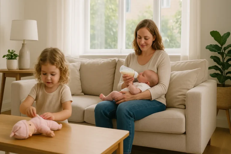 Een ontspannen baby in de armen van een ouder na een voeding