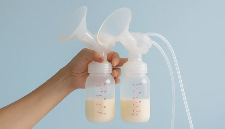 Moeder die moedermelk afkolft in een rustige omgeving met flesje melk op de voorgrond