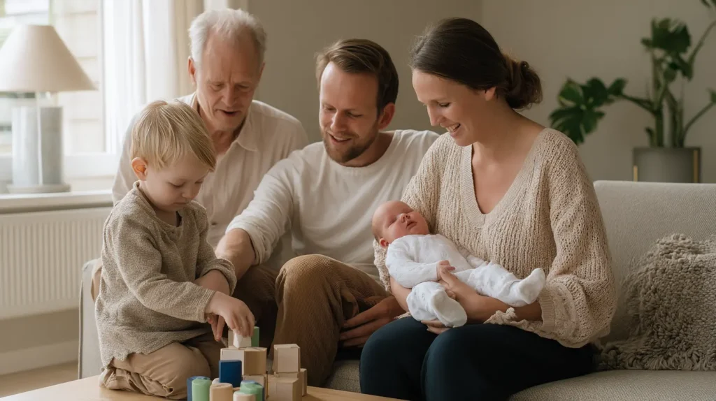 Moeder knuffelt haar pasgeboren baby tijdens de kraamtijd