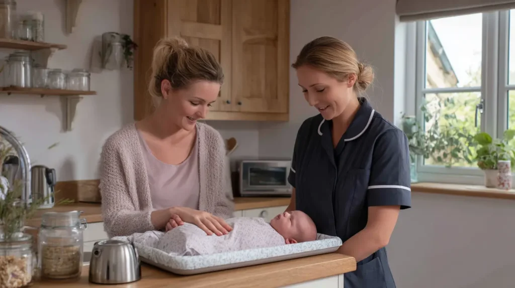 Kraamverzorgende helpt moeder met borstvoeding en babyverzorging.