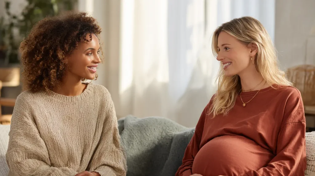 Doula als steun voor, tijdens en na de geboorte 12 Doula luistert aandachtig naar zwangere vrouw tijdens rustig gesprek in huiselijke sfeer