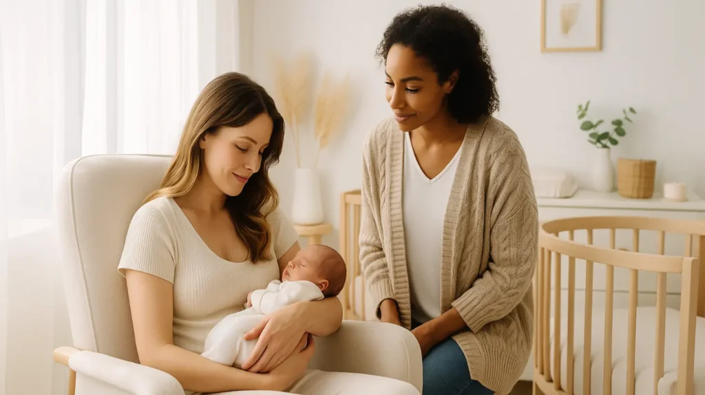 Doula als steun voor, tijdens en na de geboorte 16 Doula zit naast moeder met pasgeboren baby, in rustige setting, met aandacht voor herstel