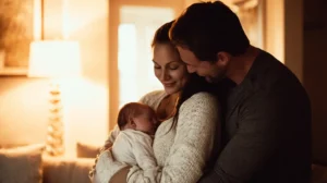 Nieuwe ouders houden hun pasgeboren baby liefdevol vast in huiselijke sfeer.