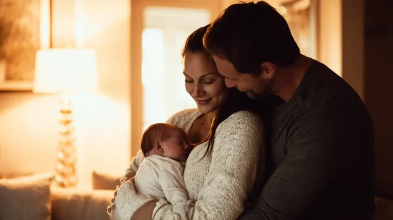 Nieuwe ouders houden hun pasgeboren baby liefdevol vast in huiselijke sfeer.