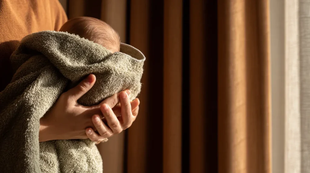 Handen wikkelen baby in zachte handdoek na badje