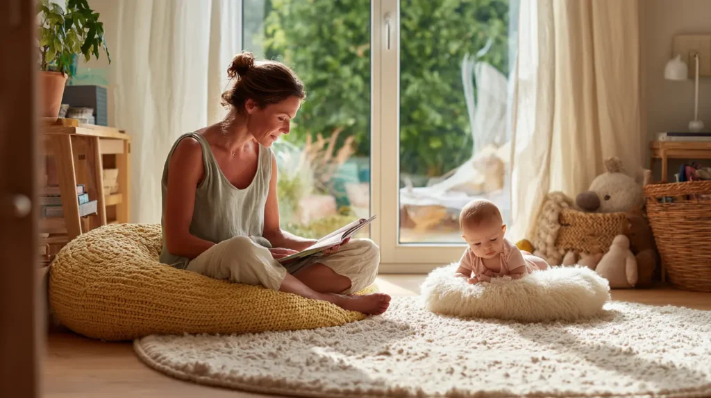 Moeder leest een boek over ouderschap terwijl baby in buurt ligt