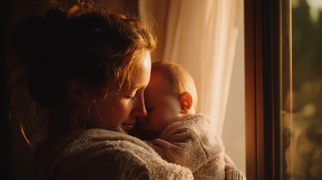 Ouder wiegt baby in ochtendlicht bij een raam, rustige sfeer