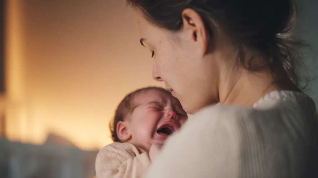 Ouder houdt huilende baby vast en kijkt met begrip en aandacht