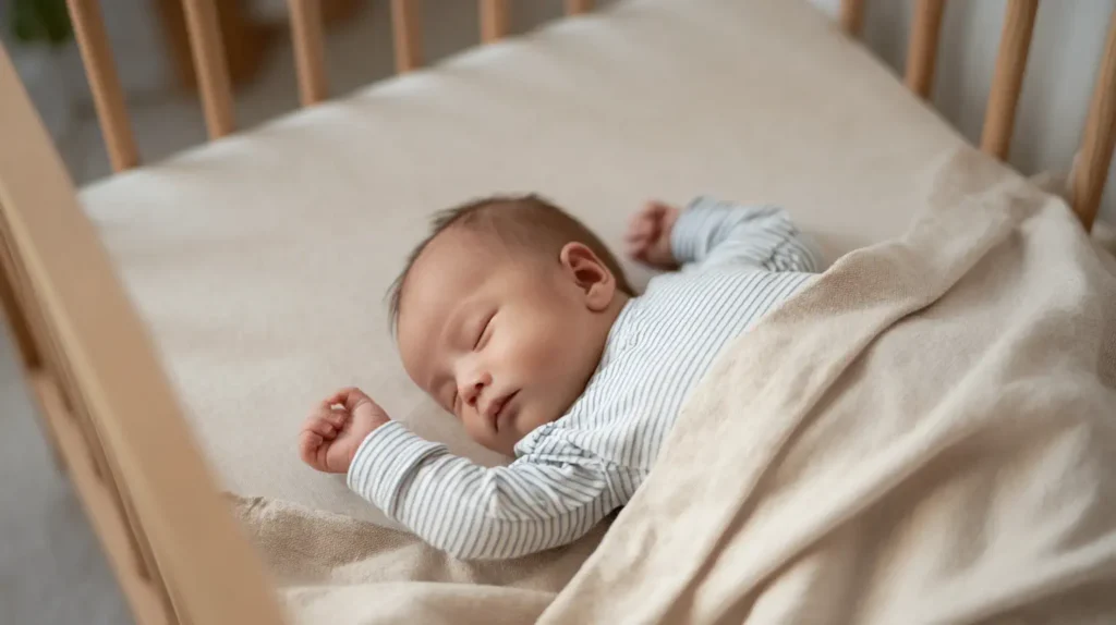 Ouder drinkt thee terwijl baby rustig in wieg naast hen ligt