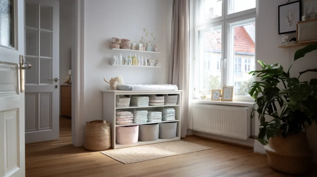 Verzorgingshoek met commode, luiers en verzorgingsproducten