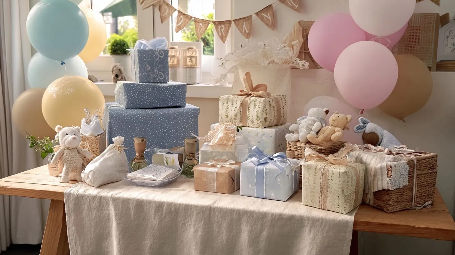Ingepakte babyshower cadeaus op een feestelijke tafel voor de aanstaande moeder.